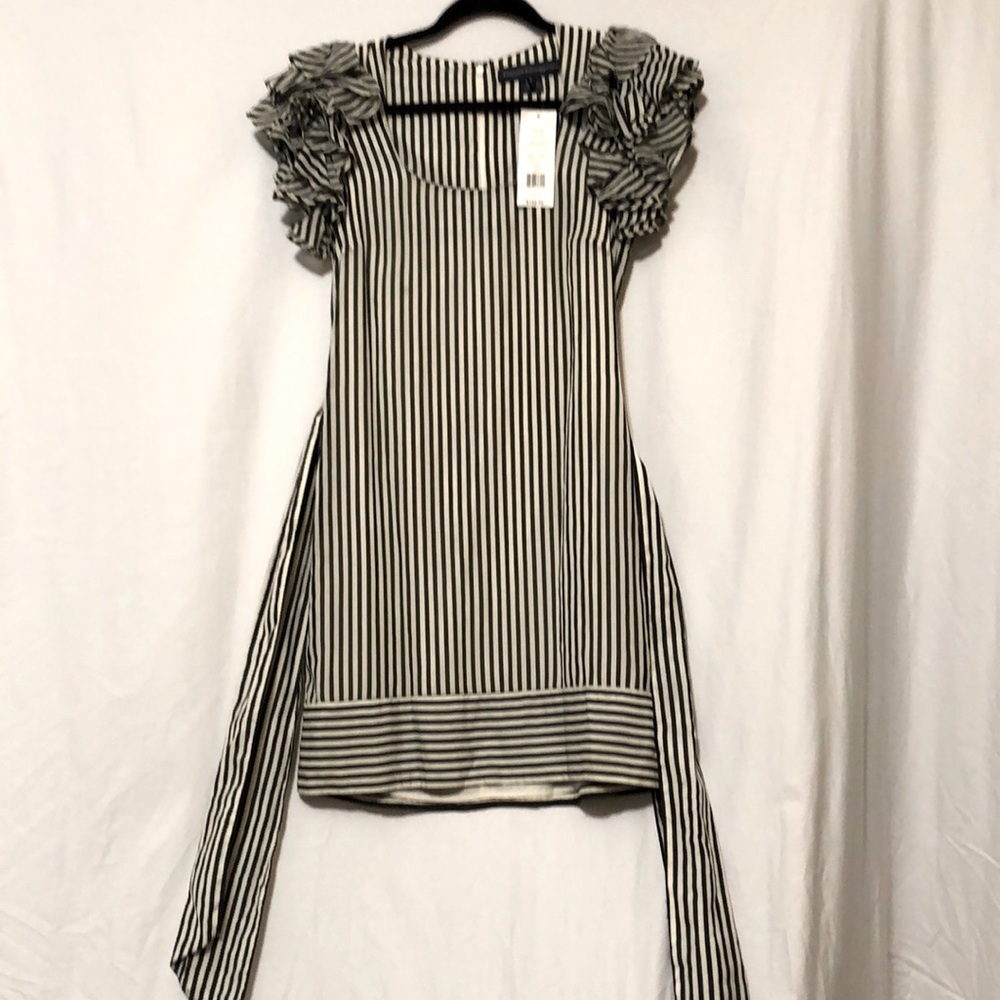 NWT French Connection Black&White Candy Striper Dress w/ Sash and Ruffled Sleeve
